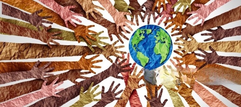 A digital illustration of diverse hands made from textured paper reaching towards a globe, symbolizing global unity and social impact.